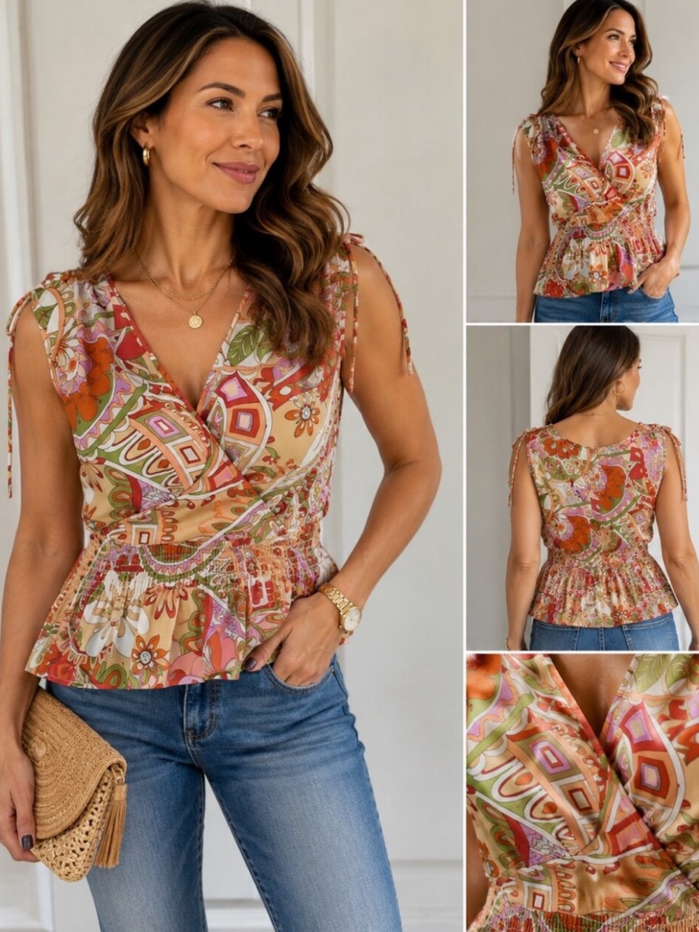 Vintage Bisou Bisou Faux Wtap Babydoll Top Smocked Waist Boho Y2K Fairy Grunge